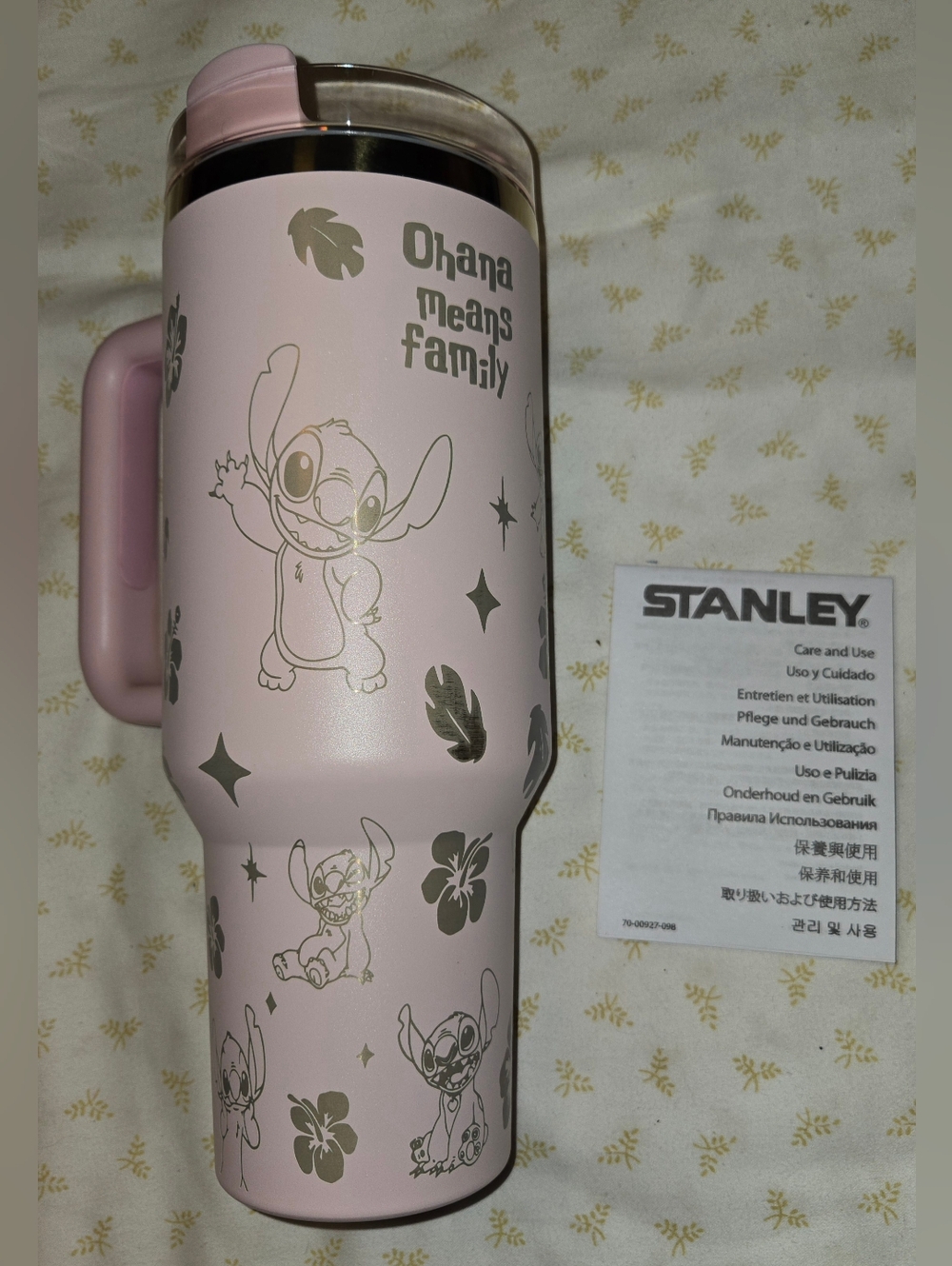 Stanley Pink "Ohana Means Family" Stitch Travel Tumbler 40oz
